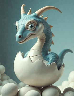 The primary subject of the image is a blue dragon figurine, which is sitting inside an egg. The setting is a blue background, and the visual style appears to be a digital art or illustration. The dragon figurine has a blue and white color scheme, and the overall atmosphere is playful and whimsical.